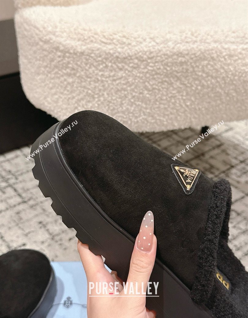 Prada Suede and Shearling Platform Mules 4cm Black 2025 PR102702 (HQG-251027022)