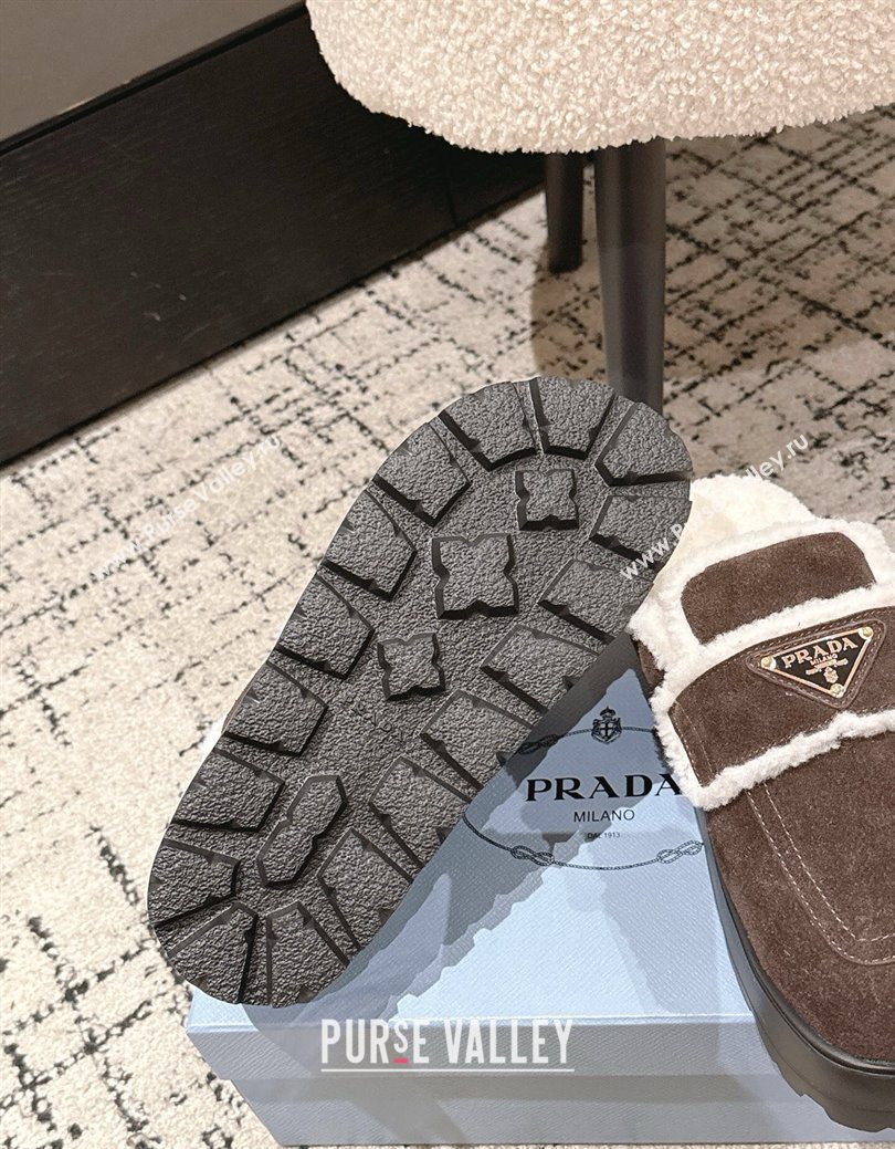 Prada Suede and Shearling Platform Mules 4cm Dark Brown 2025 PR101107 (HQG-251027017)