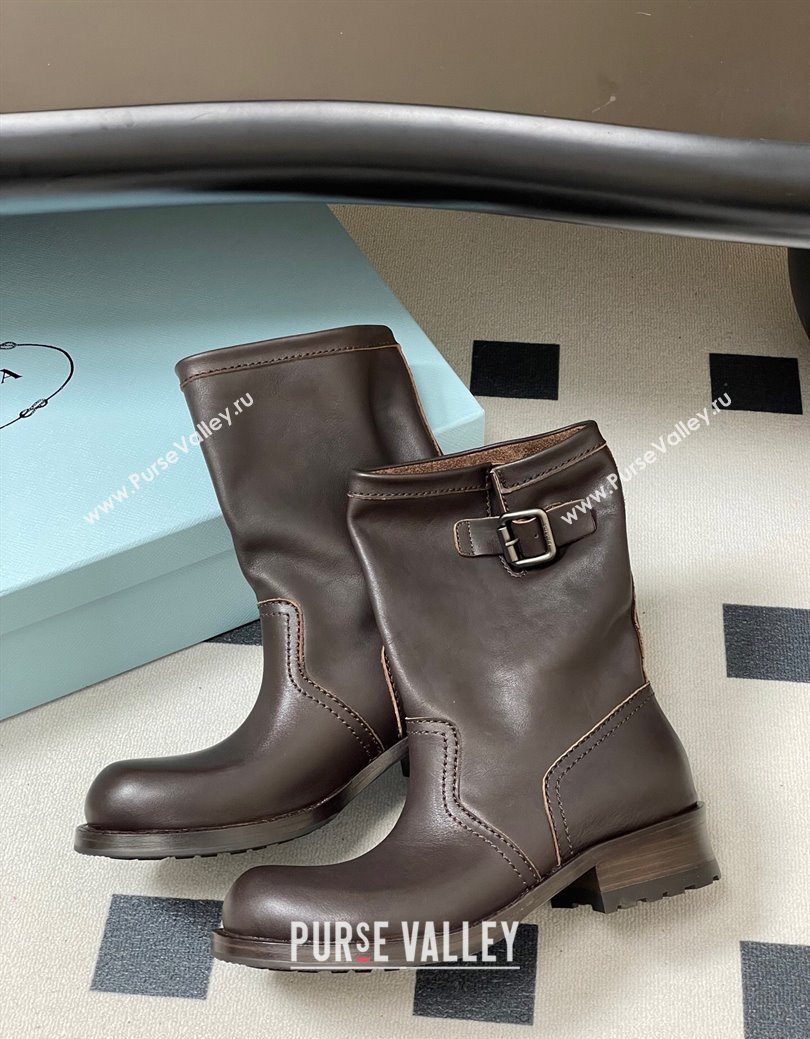 Prada Leather Heel Ankle Boots 4cm with Buckle Brown 2025 PR102704 (MD-251027076)