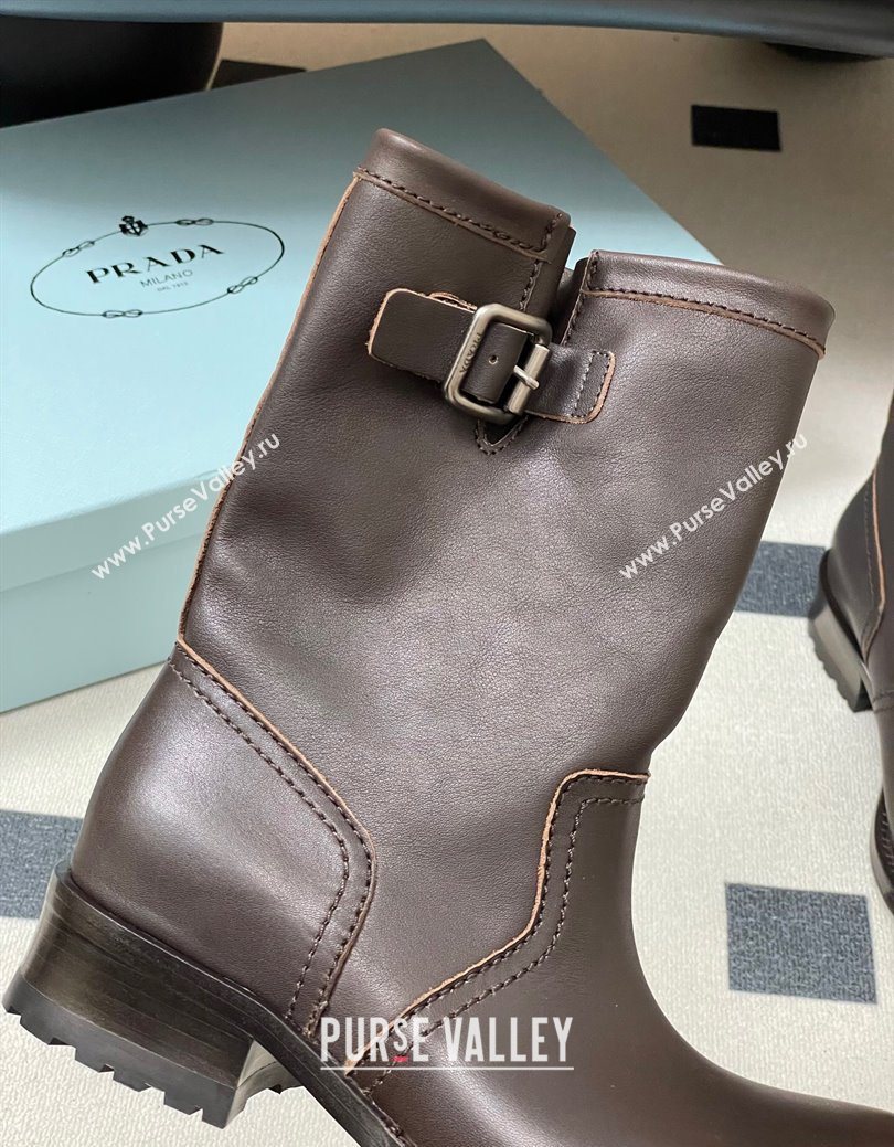 Prada Leather Heel Ankle Boots 4cm with Buckle Brown 2025 PR102704 (MD-251027076)