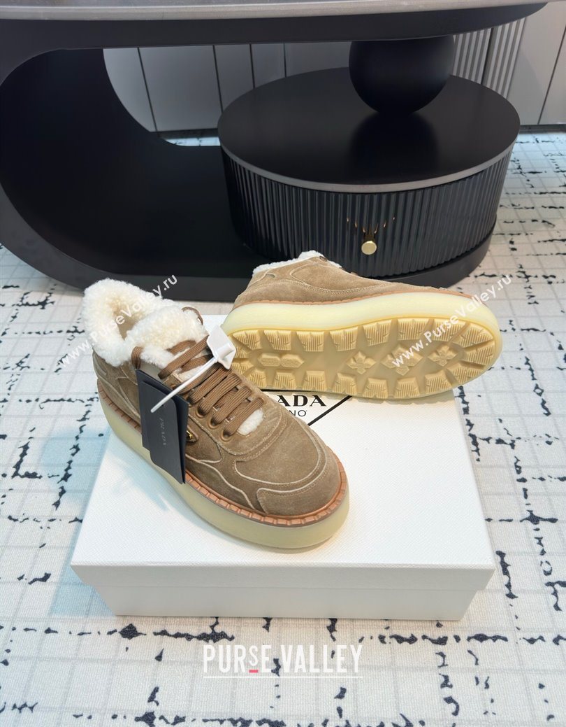 Prada Suede and Wool Platform Mid-top Sneakers 5cm Brown2 2025 1T725N (MD-251027096)