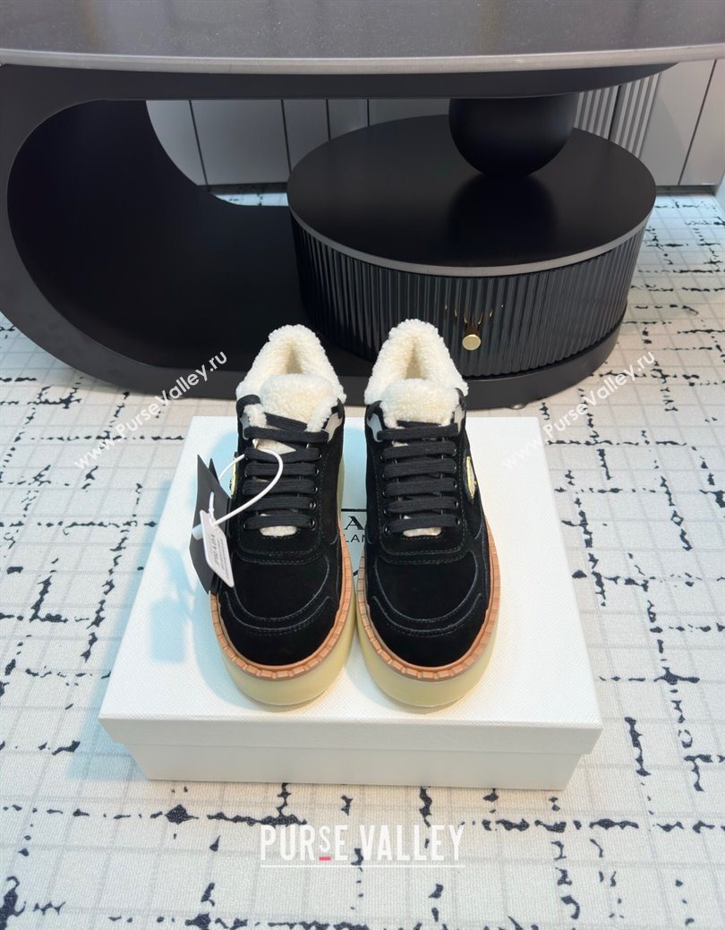 Prada Suede and Wool Platform Mid-top Sneakers 5cm Black 2025 1T725N (MD-251027097)