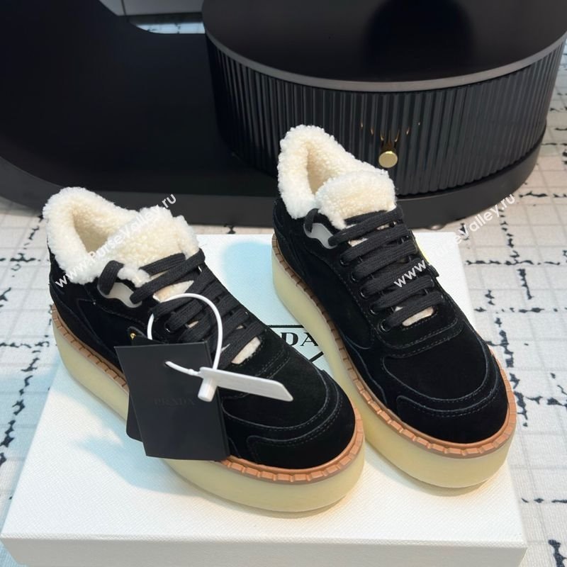 Prada Suede and Wool Platform Mid-top Sneakers 5cm Black 2025 1T725N (MD-251027097)