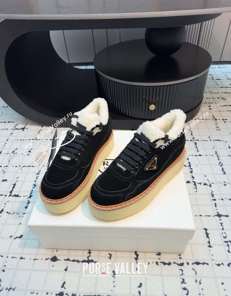 Prada Suede and Wool Platform Mid-top Sneakers 5cm Black 2025 1T725N (MD-251027097)
