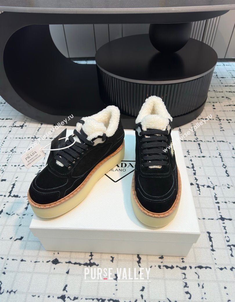 Prada Suede and Wool Platform Mid-top Sneakers 5cm Black 2025 1T725N (MD-251027097)
