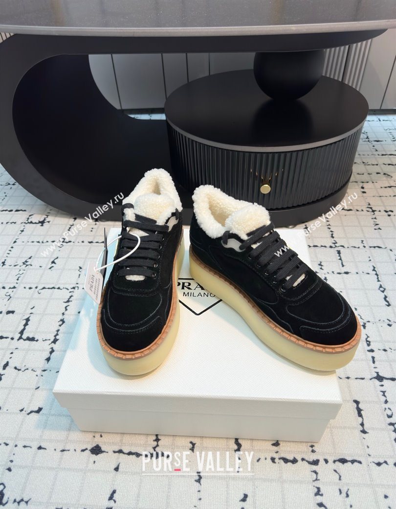 Prada Suede and Wool Platform Mid-top Sneakers 5cm Black 2025 1T725N (MD-251027097)