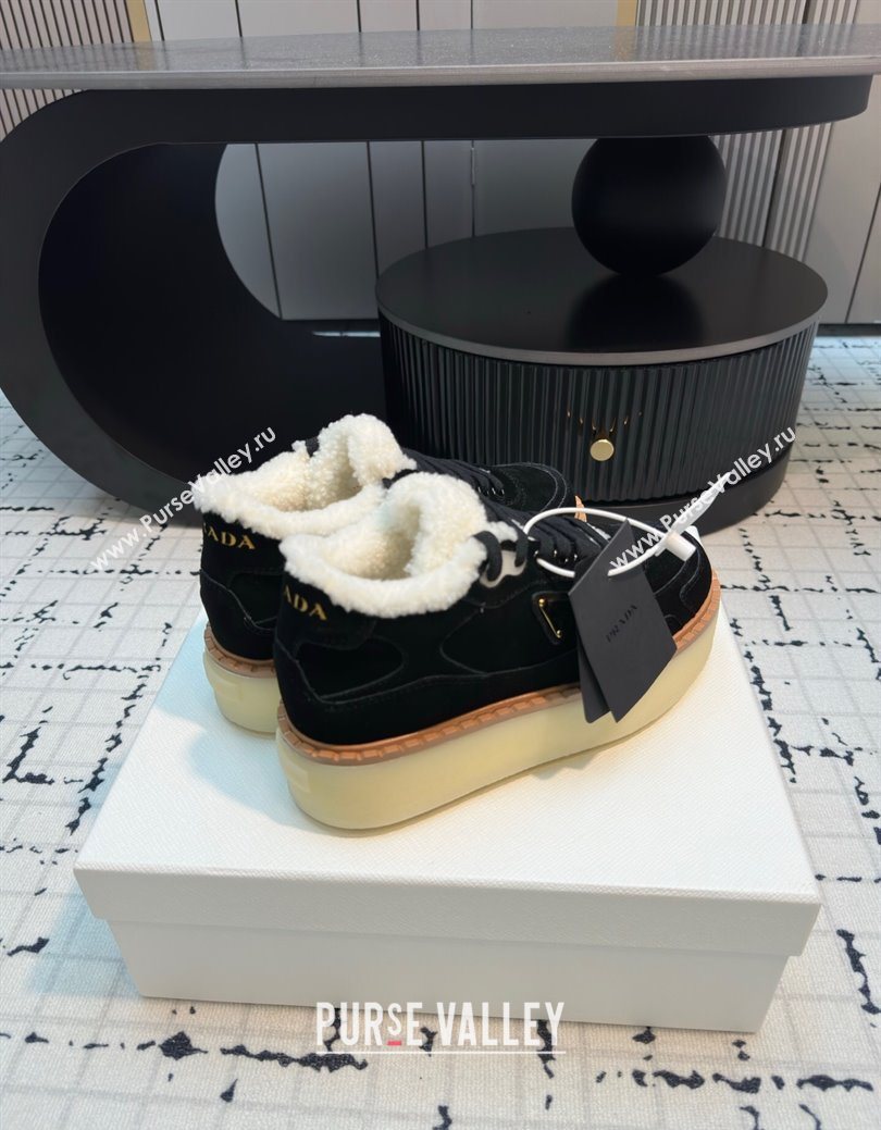 Prada Suede and Wool Platform Mid-top Sneakers 5cm Black 2025 1T725N (MD-251027097)