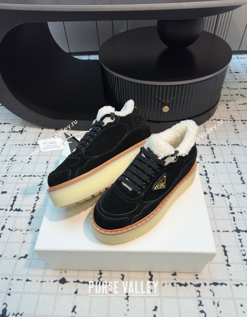 Prada Suede and Wool Platform Mid-top Sneakers 5cm Black 2025 1T725N (MD-251027097)