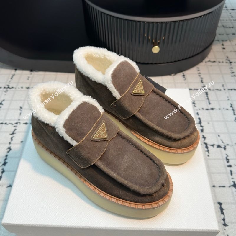 Prada Suede and Wool Platform Slip-on Ankle Boots 5cm Dark Brown 2025 PR102706 (MD-251027085)