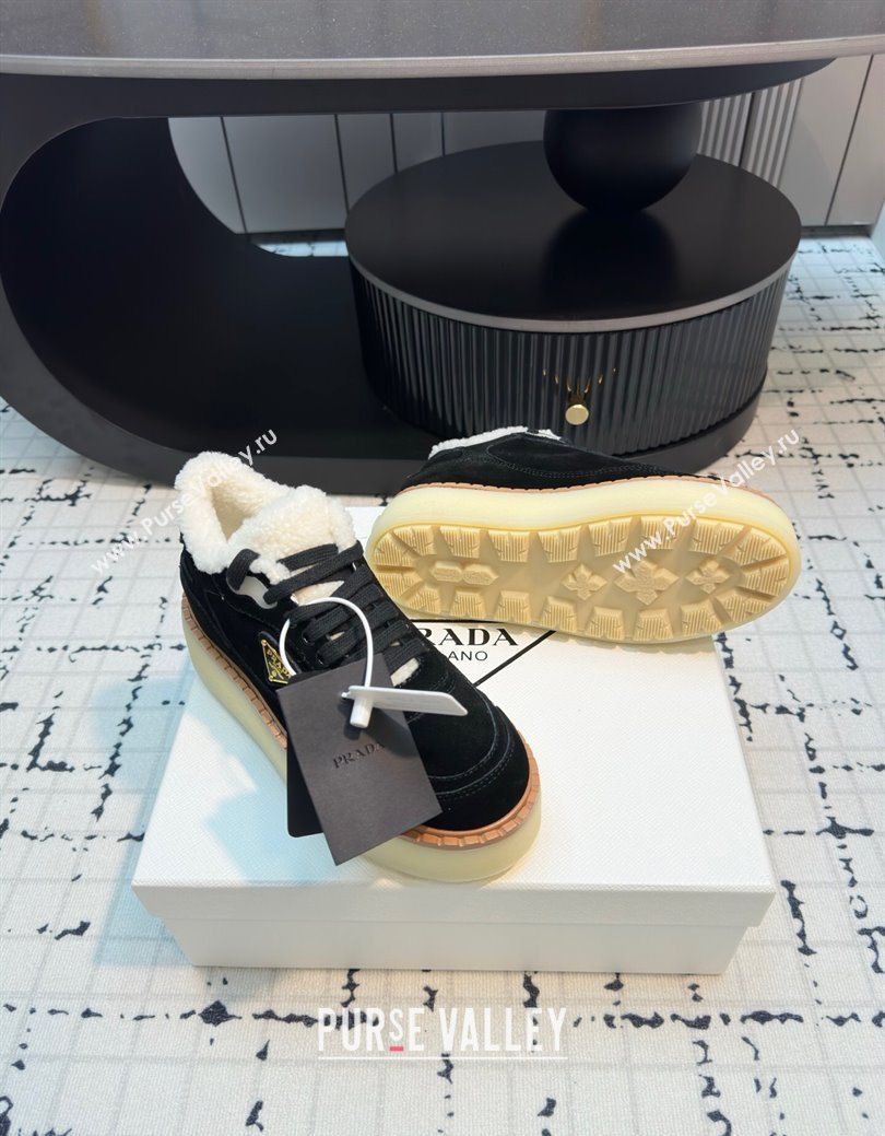 Prada Suede and Wool Platform Mid-top Sneakers 5cm Black 2025 1T725N (MD-251027097)