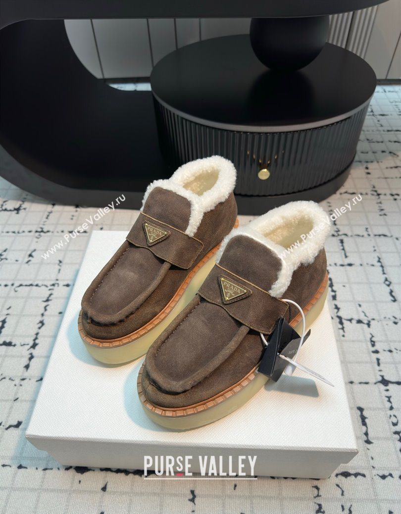 Prada Suede and Wool Platform Slip-on Ankle Boots 5cm Dark Brown 2025 PR102706 (MD-251027085)