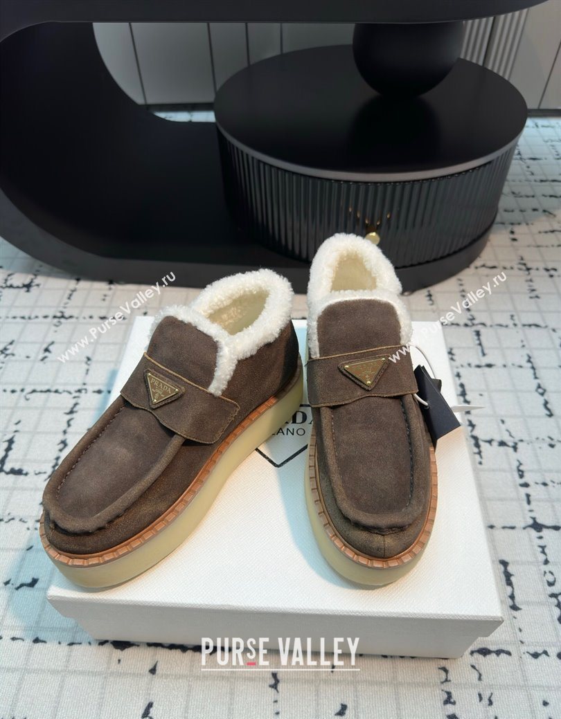 Prada Suede and Wool Platform Slip-on Ankle Boots 5cm Dark Brown 2025 PR102706 (MD-251027085)