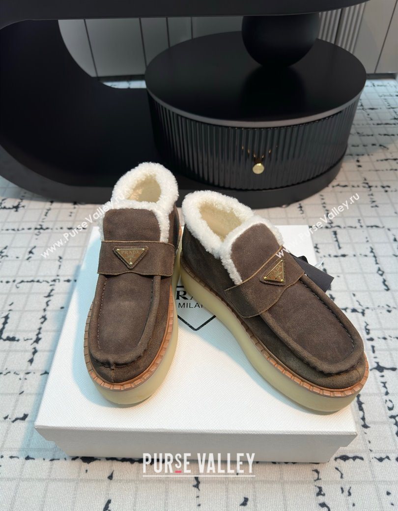 Prada Suede and Wool Platform Slip-on Ankle Boots 5cm Dark Brown 2025 PR102706 (MD-251027085)