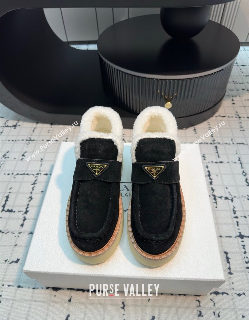 Prada Suede and Wool Platform Slip-on Ankle Boots 5cm Black 2025 PR102706 (MD-251027084)