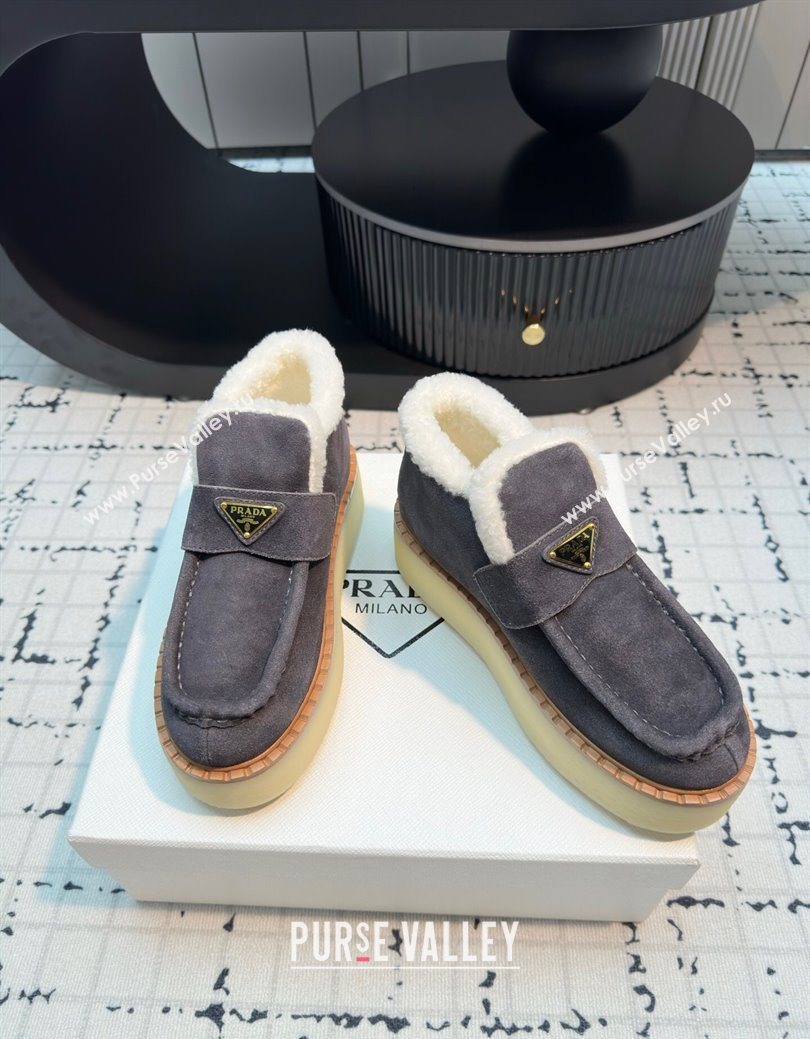 Prada Suede and Wool Platform Slip-on Ankle Boots 5cm Grey 2025 PR102706 (MD-251027086)