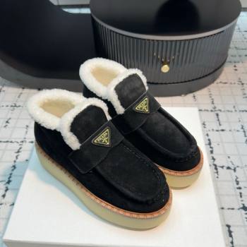 Prada Suede and Wool Platform Slip-on Ankle Boots 5cm Black 2025 PR102706 (MD-251027084)