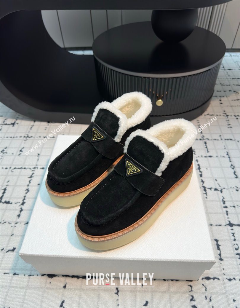 Prada Suede and Wool Platform Slip-on Ankle Boots 5cm Black 2025 PR102706 (MD-251027084)