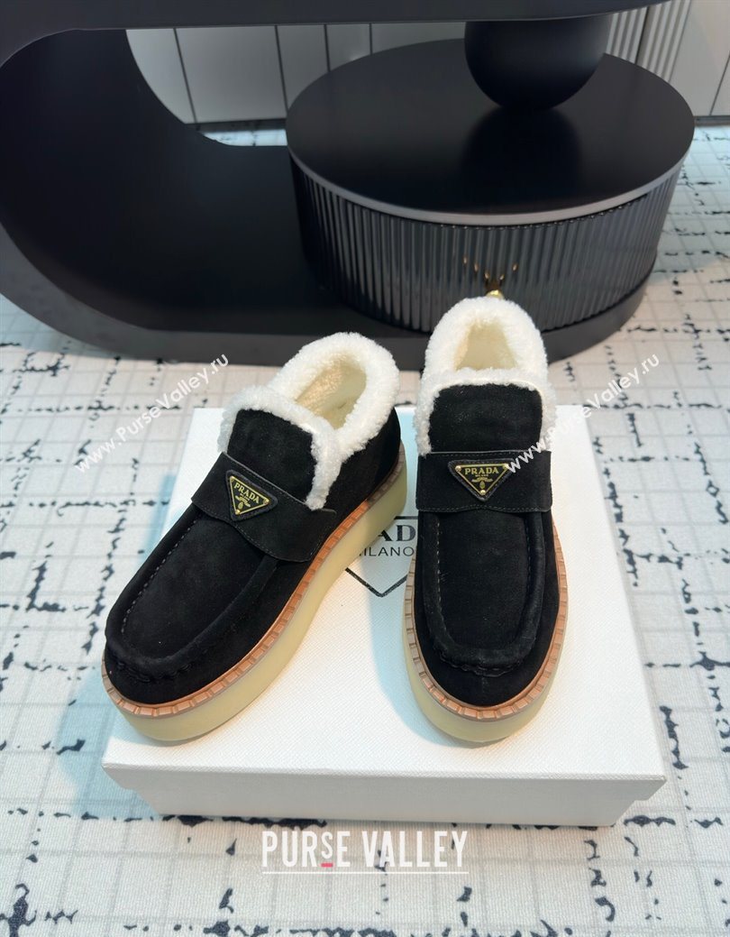 Prada Suede and Wool Platform Slip-on Ankle Boots 5cm Black 2025 PR102706 (MD-251027084)