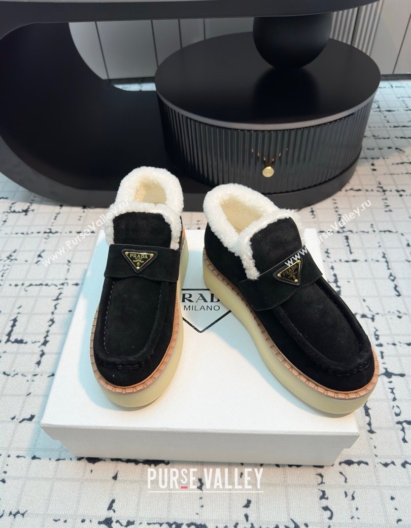 Prada Suede and Wool Platform Slip-on Ankle Boots 5cm Black 2025 PR102706 (MD-251027084)