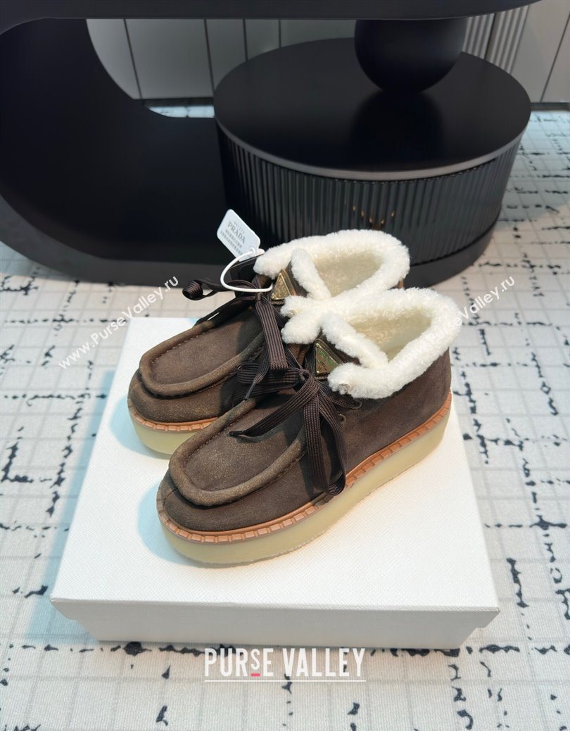 Prada Suede and Wool Platform Chukka Ankle Boots 5cm Dark Brown 2025 1T716N (MD-251027092)