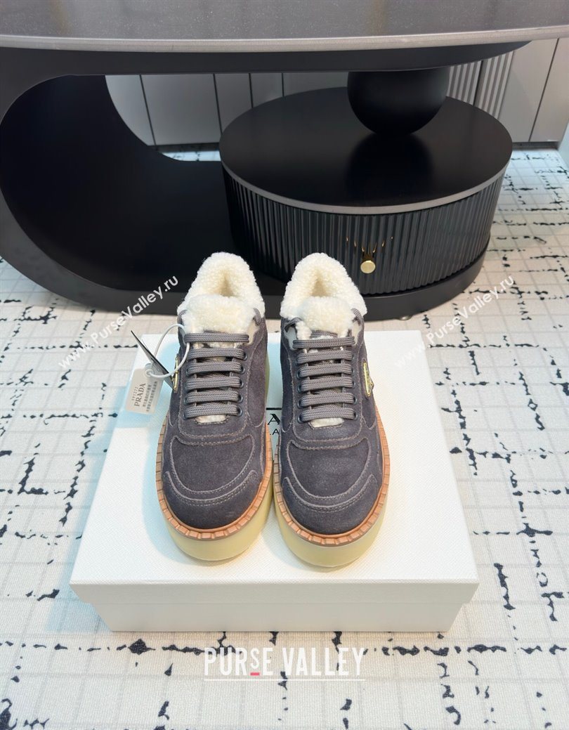 Prada Suede and Wool Platform Mid-top Sneakers 5cm Grey 2025 1T725N (MD-251027093)