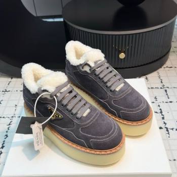 Prada Suede and Wool Platform Mid-top Sneakers 5cm Grey 2025 1T725N (MD-251027093)