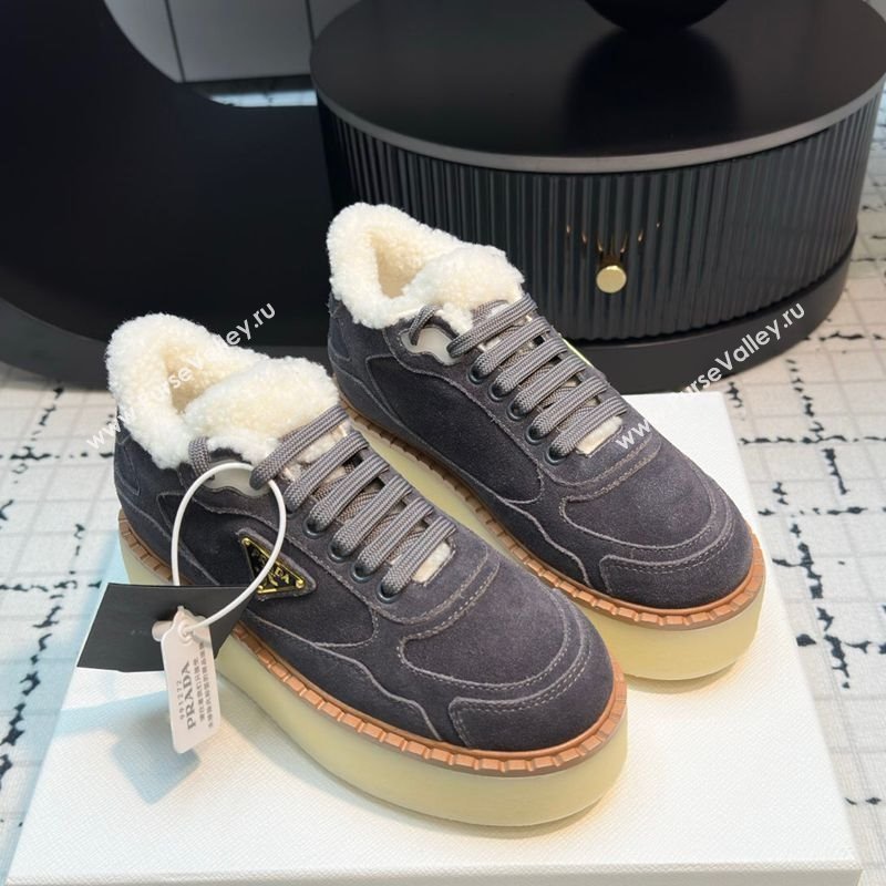 Prada Suede and Wool Platform Mid-top Sneakers 5cm Grey 2025 1T725N (MD-251027093)