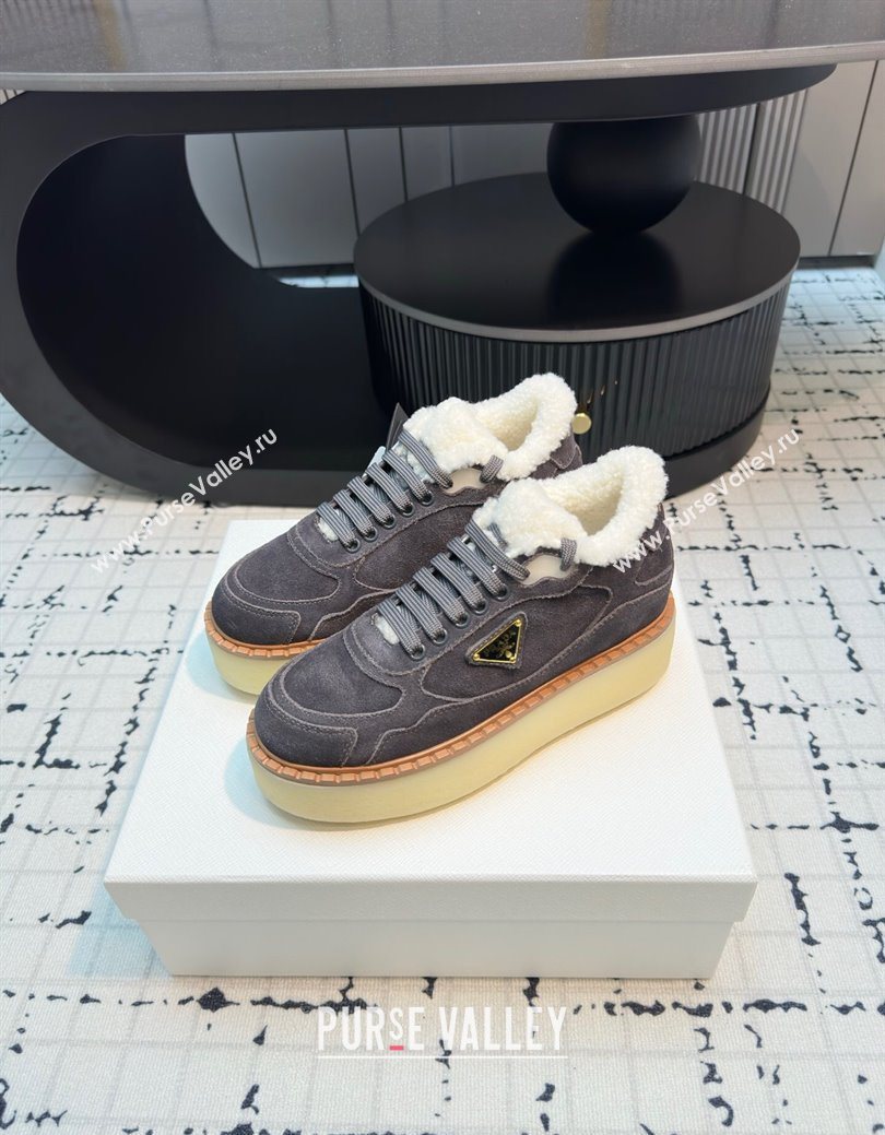 Prada Suede and Wool Platform Mid-top Sneakers 5cm Grey 2025 1T725N (MD-251027093)