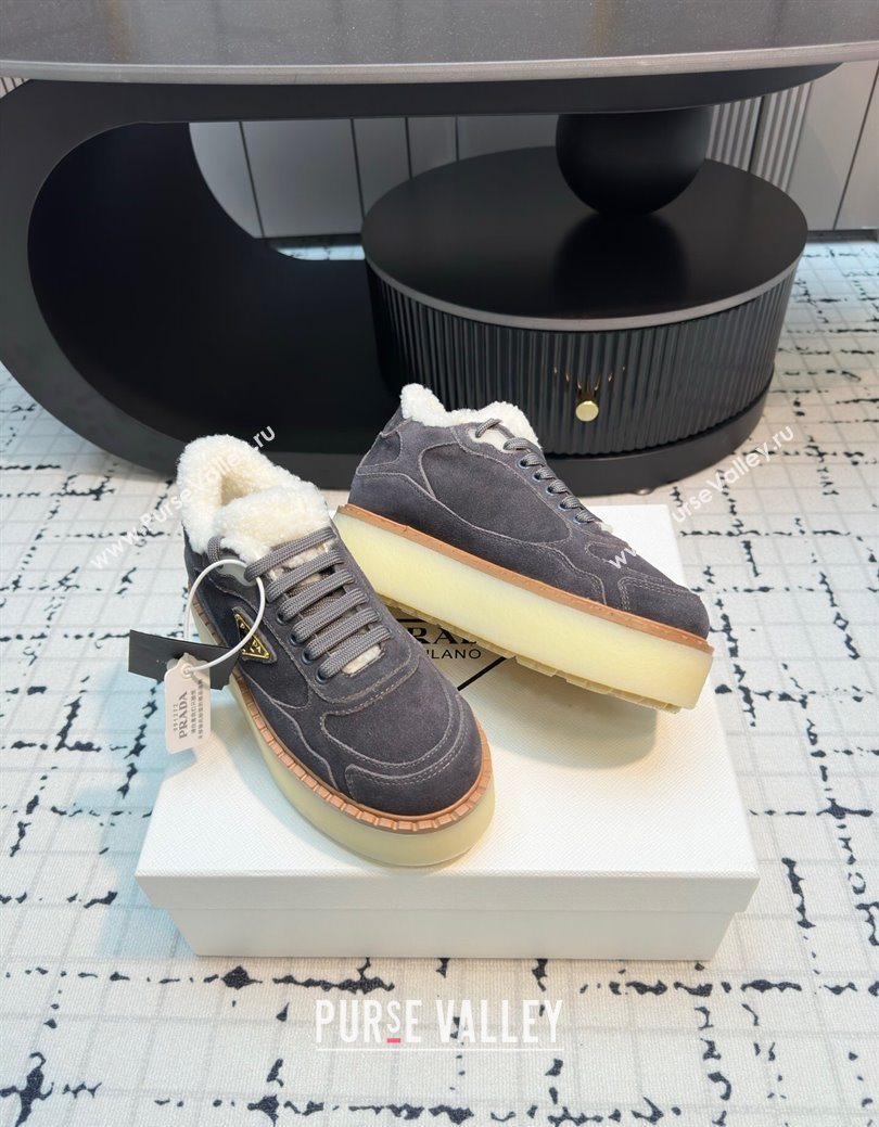 Prada Suede and Wool Platform Mid-top Sneakers 5cm Grey 2025 1T725N (MD-251027093)