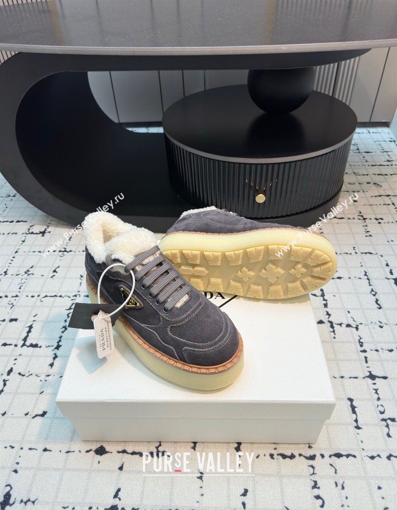 Prada Suede and Wool Platform Mid-top Sneakers 5cm Grey 2025 1T725N (MD-251027093)