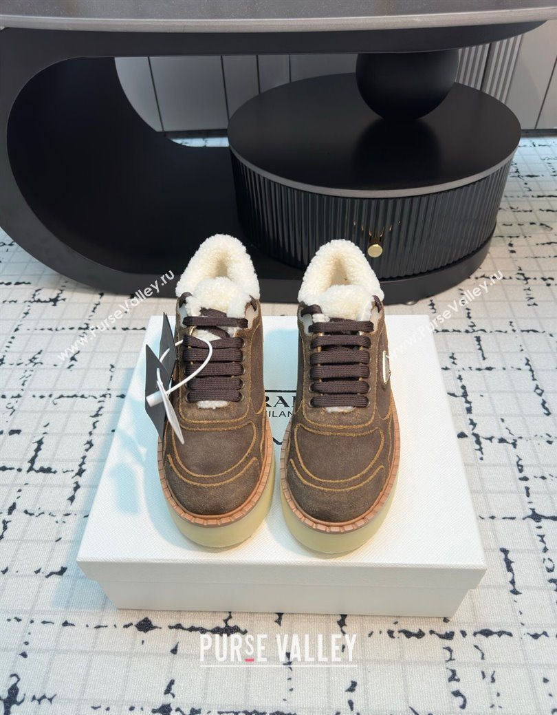 Prada Suede and Wool Platform Mid-top Sneakers 5cm Dark Brown 2025 1T725N (MD-251027094)