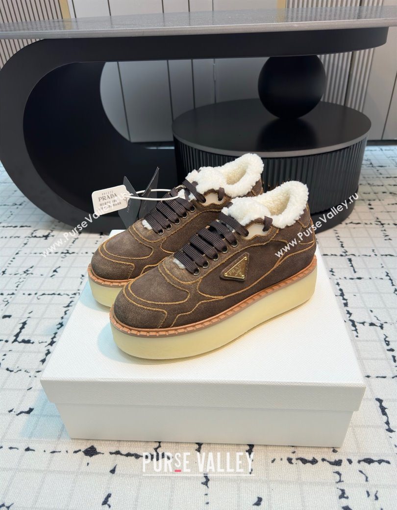 Prada Suede and Wool Platform Mid-top Sneakers 5cm Dark Brown 2025 1T725N (MD-251027094)