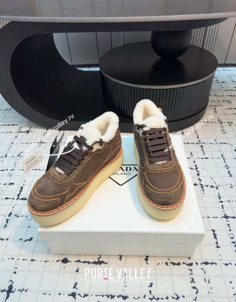 Prada Suede and Wool Platform Mid-top Sneakers 5cm Dark Brown 2025 1T725N (MD-251027094)