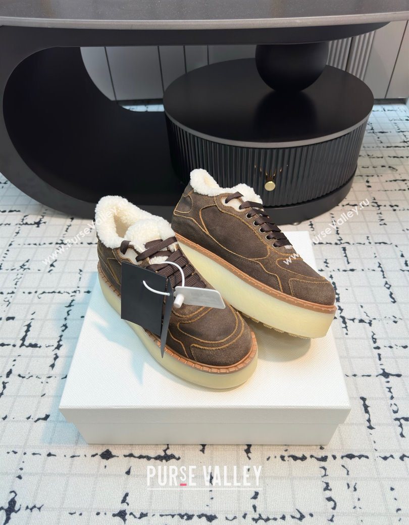 Prada Suede and Wool Platform Mid-top Sneakers 5cm Dark Brown 2025 1T725N (MD-251027094)