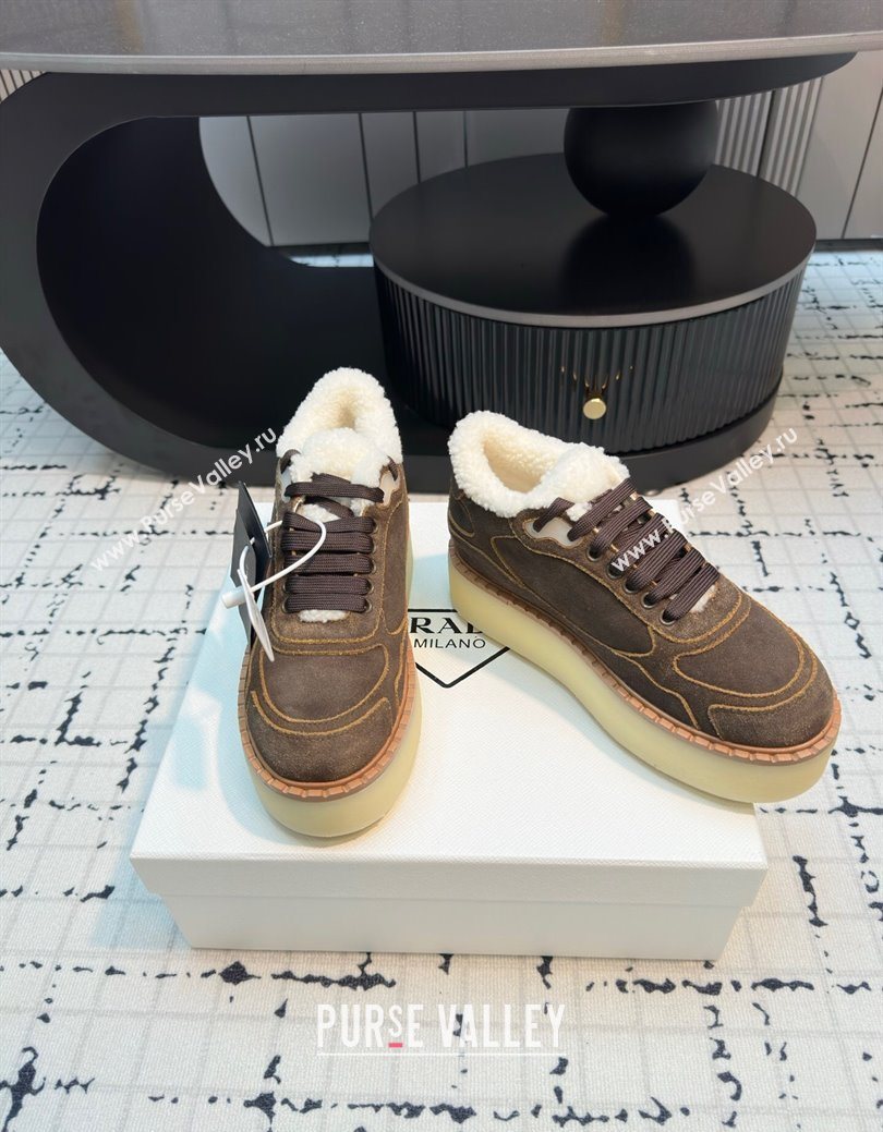 Prada Suede and Wool Platform Mid-top Sneakers 5cm Dark Brown 2025 1T725N (MD-251027094)