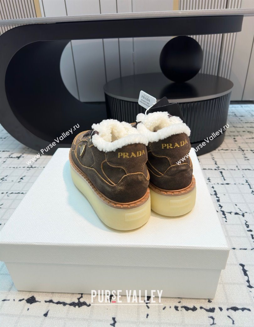 Prada Suede and Wool Platform Mid-top Sneakers 5cm Dark Brown 2025 1T725N (MD-251027094)