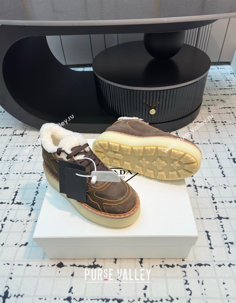 Prada Suede and Wool Platform Mid-top Sneakers 5cm Dark Brown 2025 1T725N (MD-251027094)