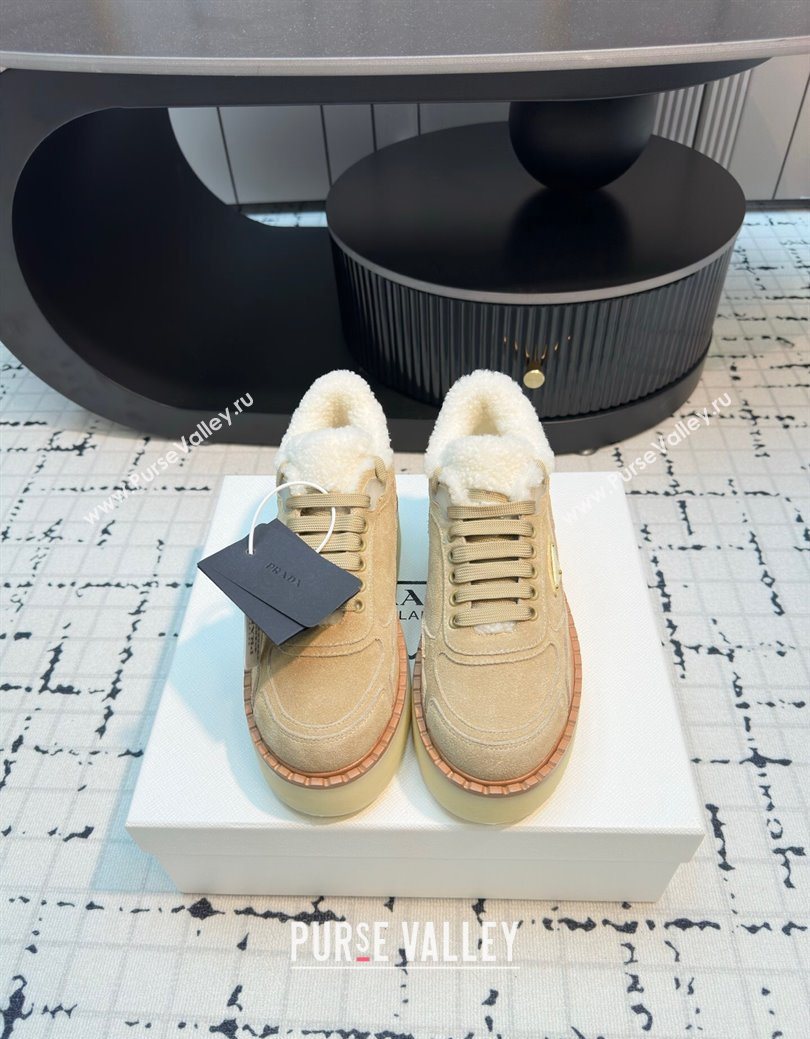 Prada Suede and Wool Platform Mid-top Sneakers 5cm Beige 2025 1T725N (MD-251027095)