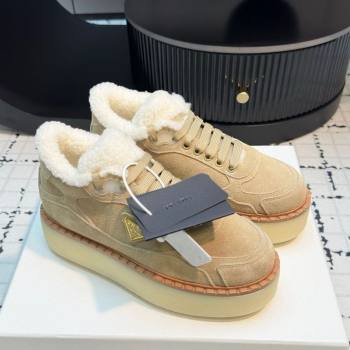 Prada Suede and Wool Platform Mid-top Sneakers 5cm Beige 2025 1T725N (MD-251027095)