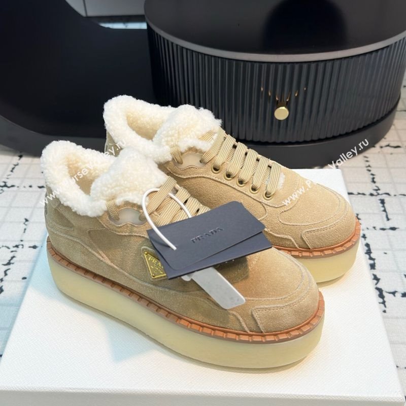 Prada Suede and Wool Platform Mid-top Sneakers 5cm Beige 2025 1T725N (MD-251027095)