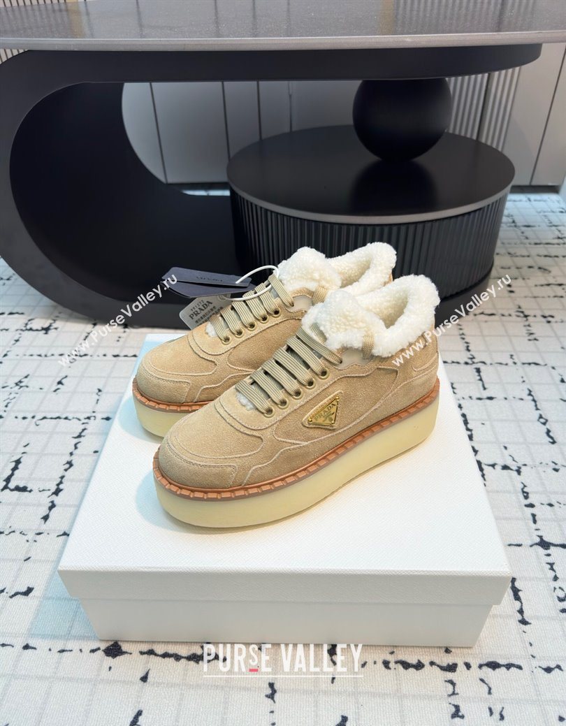 Prada Suede and Wool Platform Mid-top Sneakers 5cm Beige 2025 1T725N (MD-251027095)