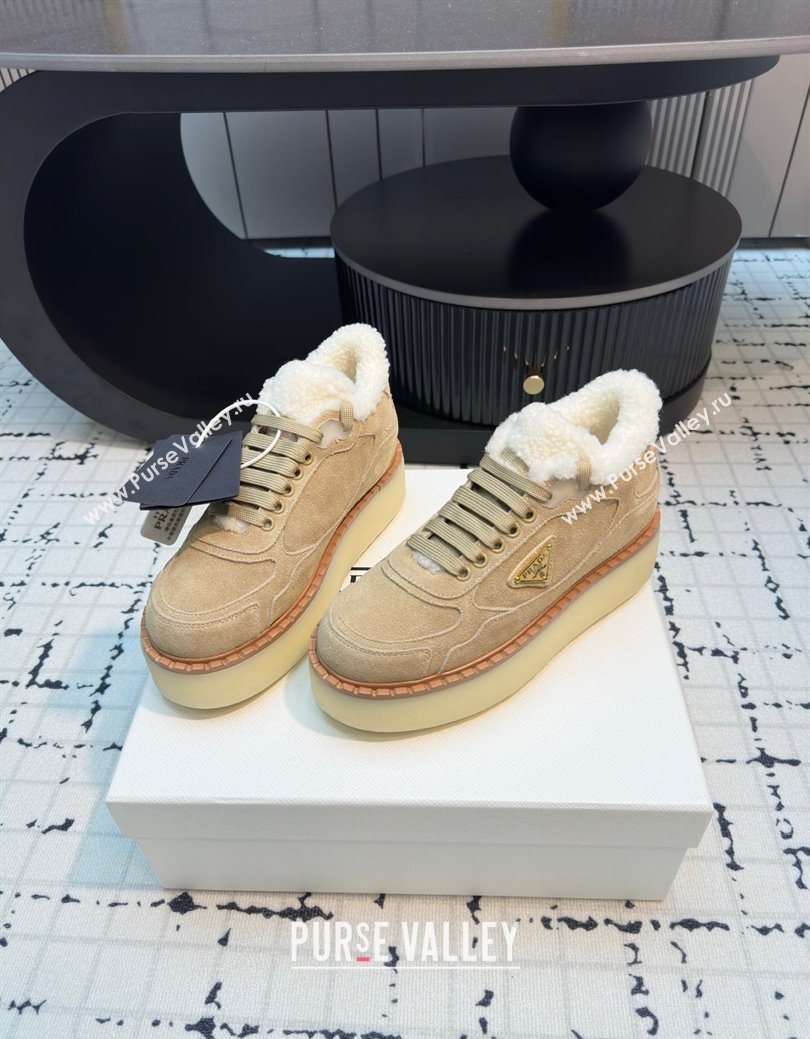 Prada Suede and Wool Platform Mid-top Sneakers 5cm Beige 2025 1T725N (MD-251027095)