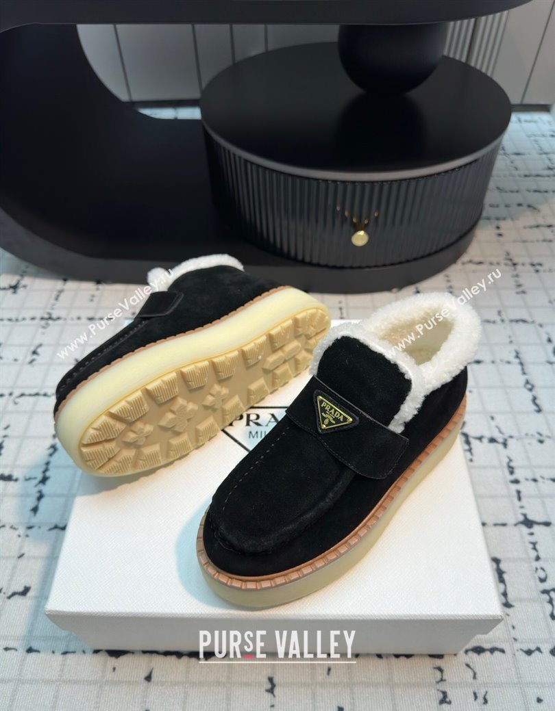 Prada Suede and Wool Platform Slip-on Ankle Boots 5cm Black 2025 PR102706 (MD-251027084)