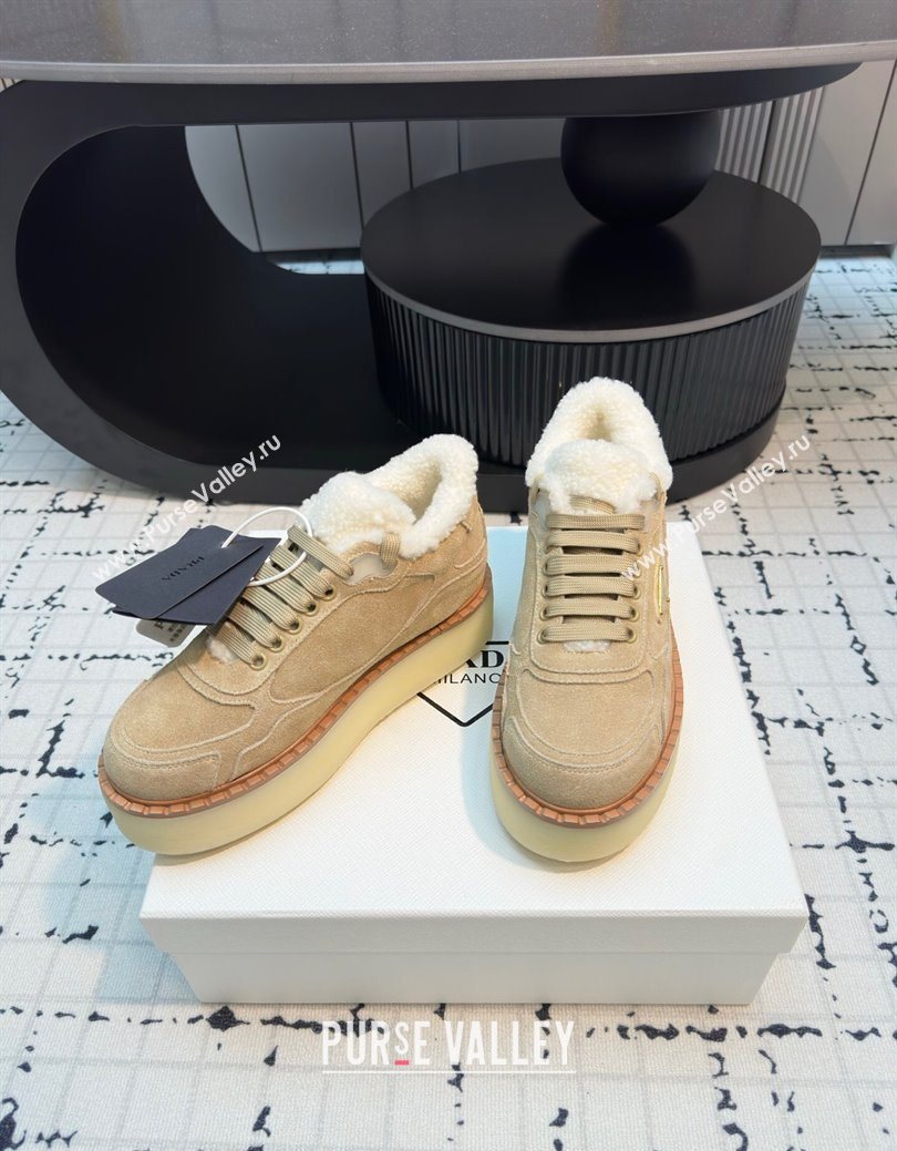Prada Suede and Wool Platform Mid-top Sneakers 5cm Beige 2025 1T725N (MD-251027095)