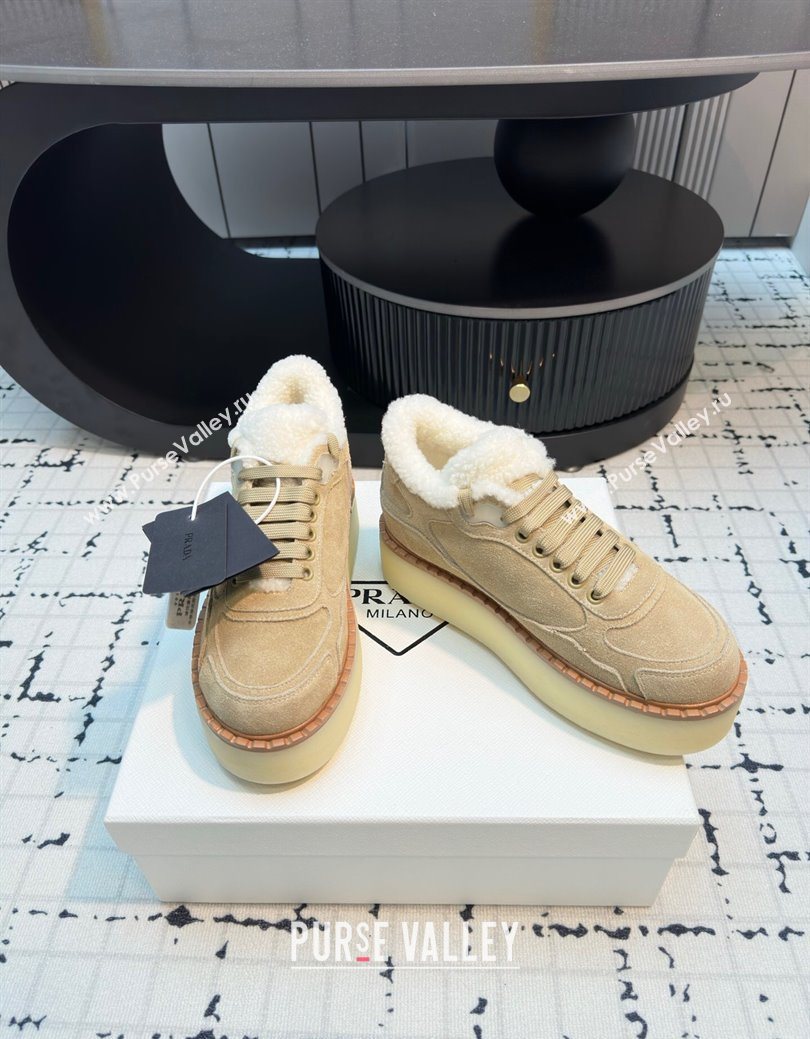 Prada Suede and Wool Platform Mid-top Sneakers 5cm Beige 2025 1T725N (MD-251027095)