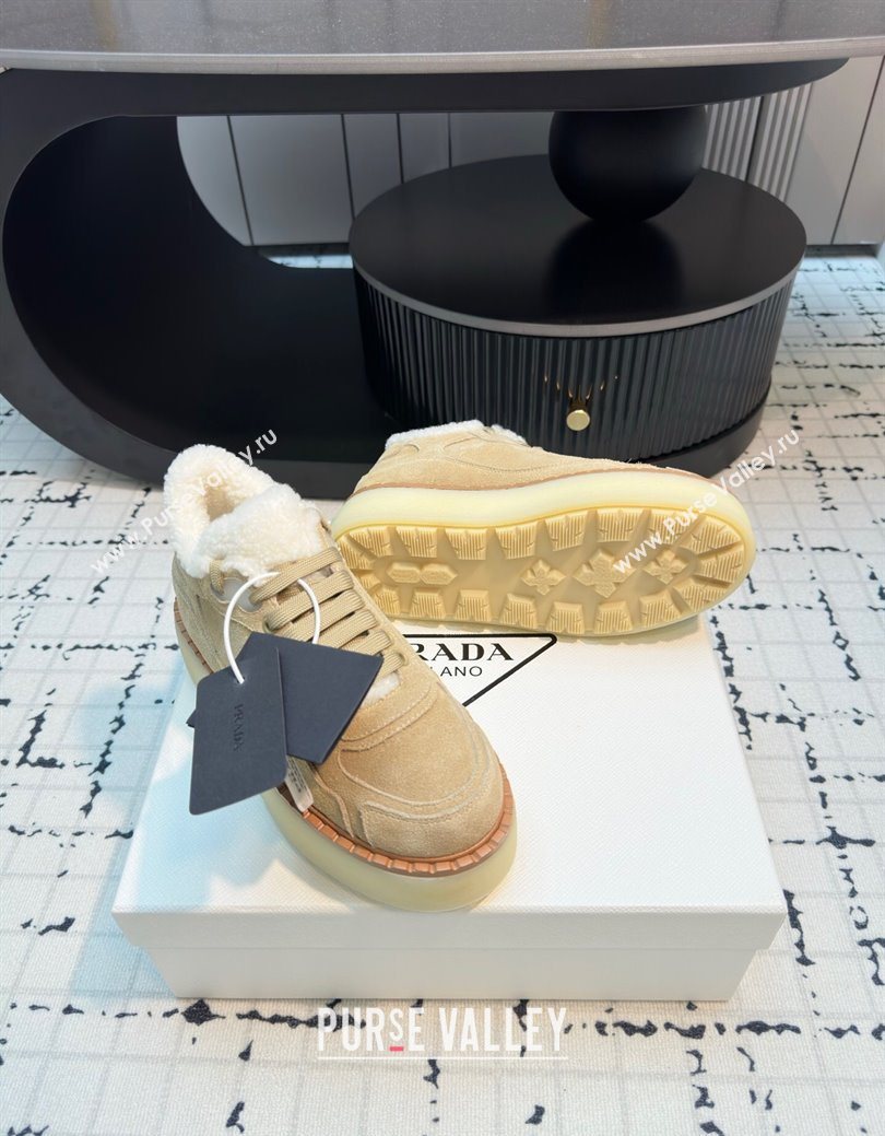 Prada Suede and Wool Platform Mid-top Sneakers 5cm Beige 2025 1T725N (MD-251027095)