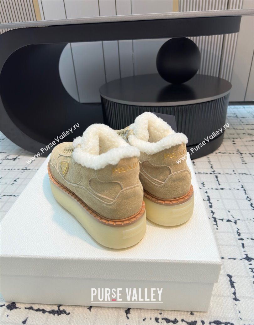 Prada Suede and Wool Platform Mid-top Sneakers 5cm Beige 2025 1T725N (MD-251027095)