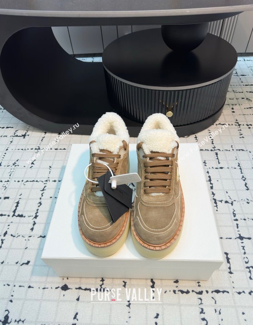Prada Suede and Wool Platform Mid-top Sneakers 5cm Brown2 2025 1T725N (MD-251027096)