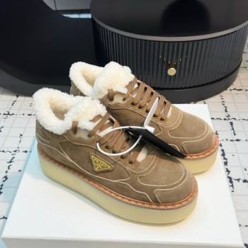 Prada Suede and Wool Platform Mid-top Sneakers 5cm Brown2 2025 1T725N (MD-251027096)