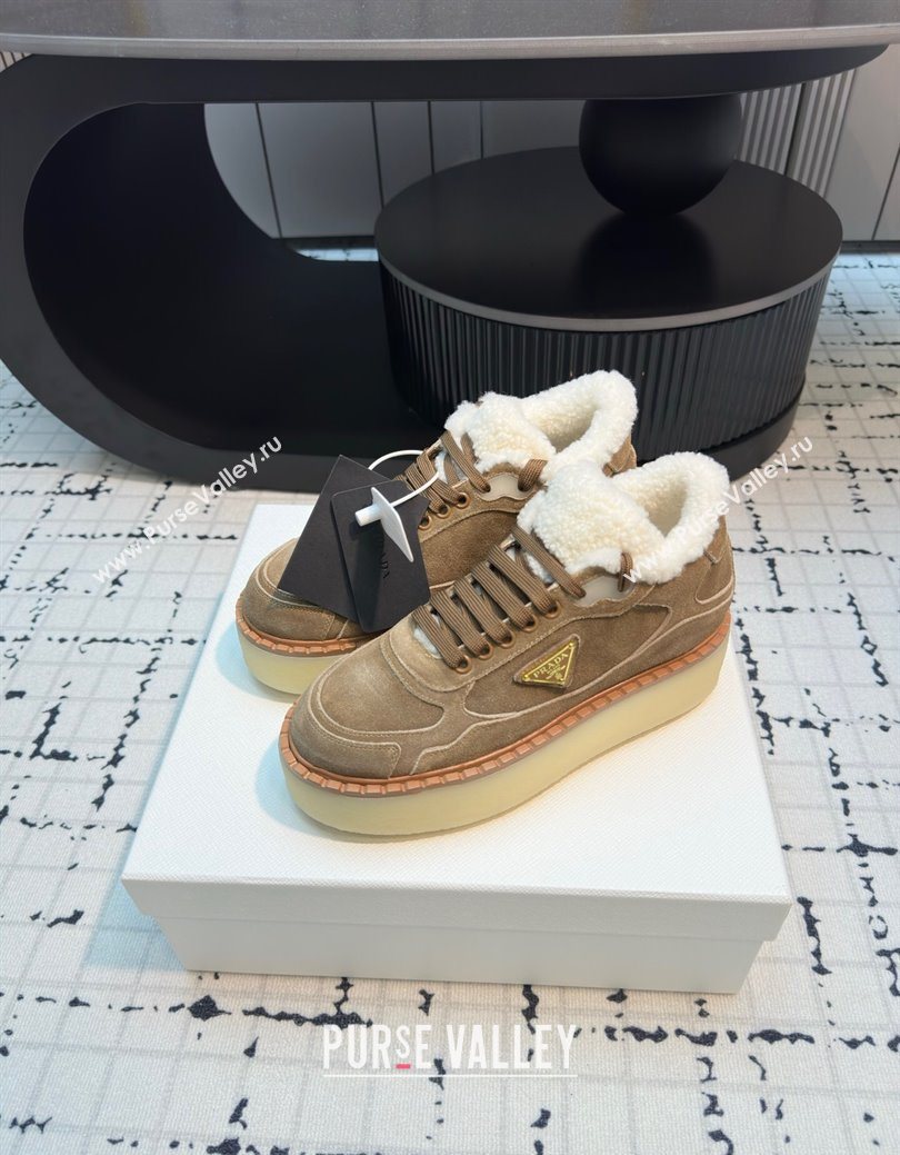 Prada Suede and Wool Platform Mid-top Sneakers 5cm Brown2 2025 1T725N (MD-251027096)